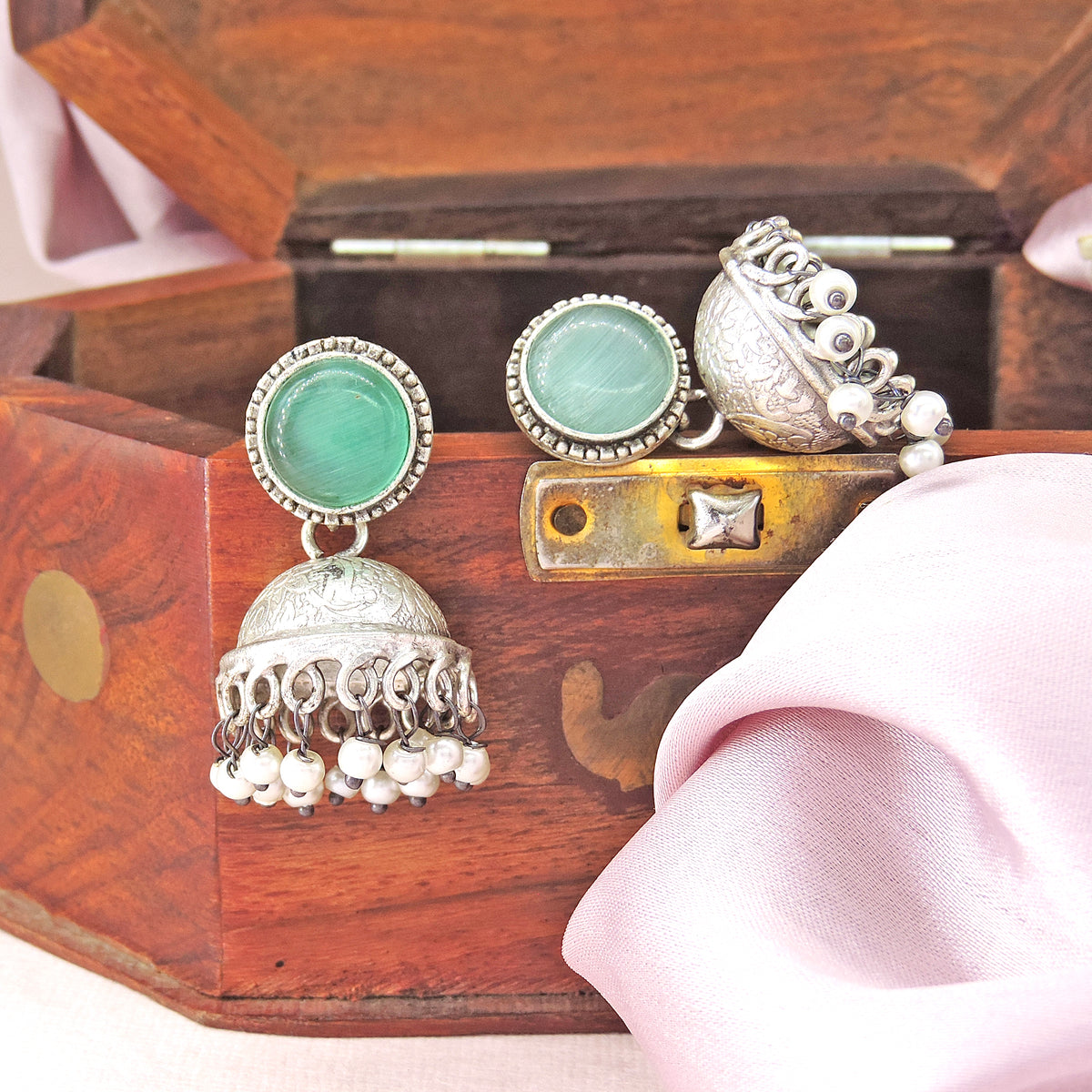 Red Stone Oxidised Jhumka Earrings with Pearl Drops