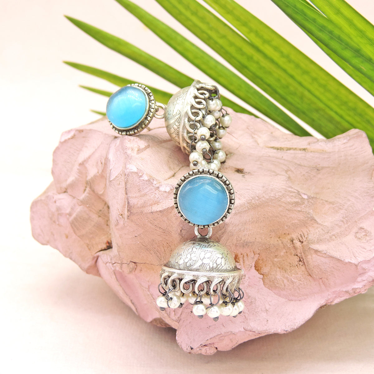 Red Stone Oxidised Jhumka Earrings with Pearl Drops