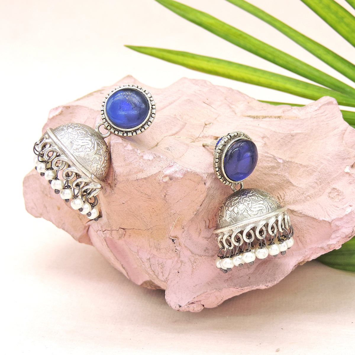 Red Stone Oxidised Jhumka Earrings with Pearl Drops