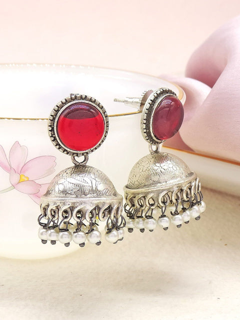 Red Stone Oxidised Jhumka Earrings with Pearl Drops