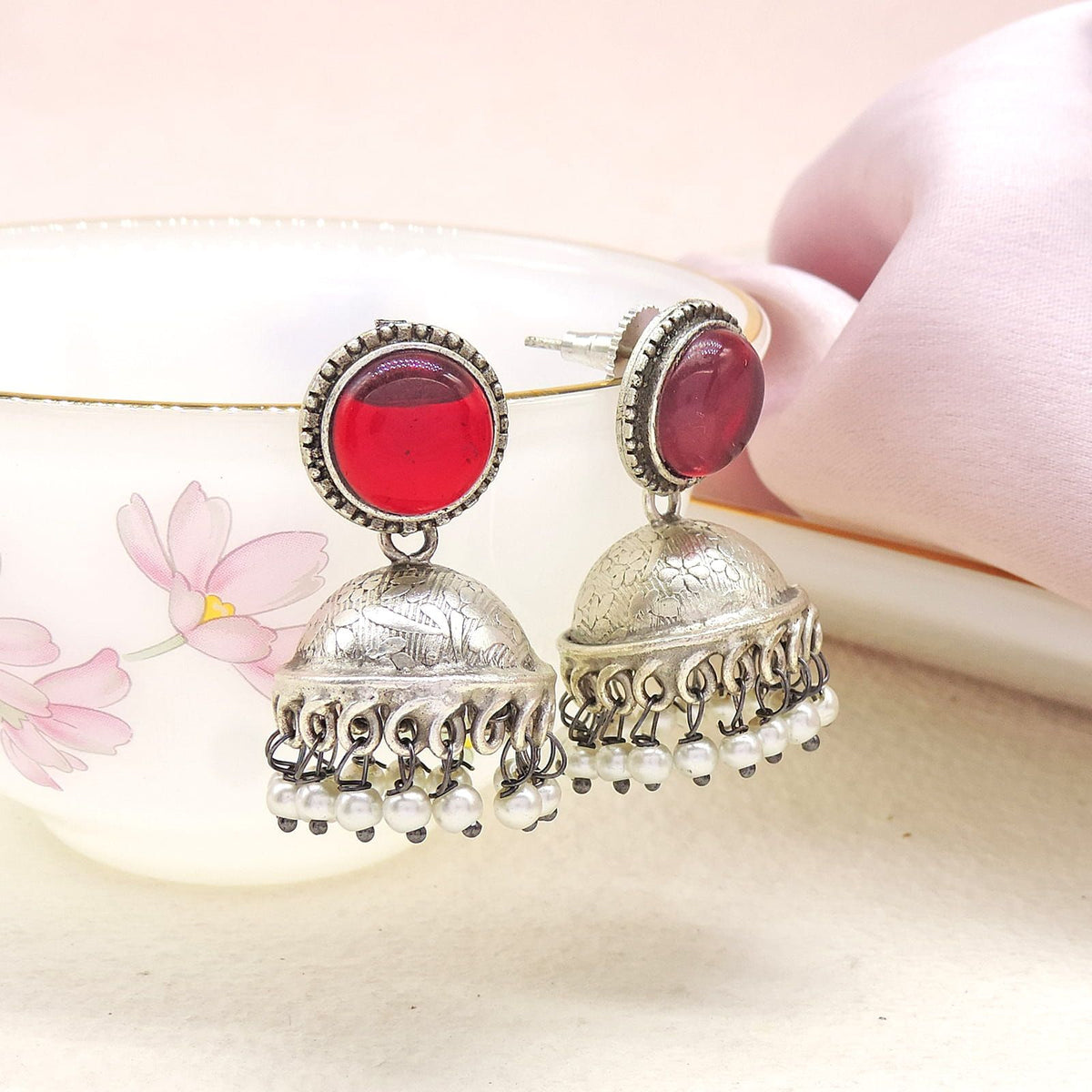 Red Stone Oxidised Jhumka Earrings with Pearl Drops