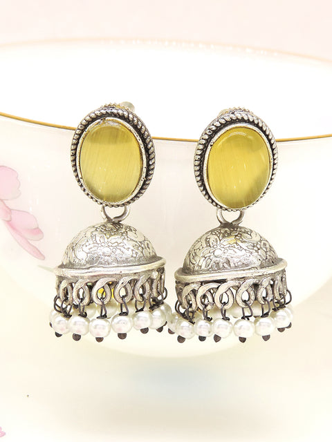 Green Stone Pearl Jhumka Earrings – Oxidized Silver Ethnic Drop Earrings