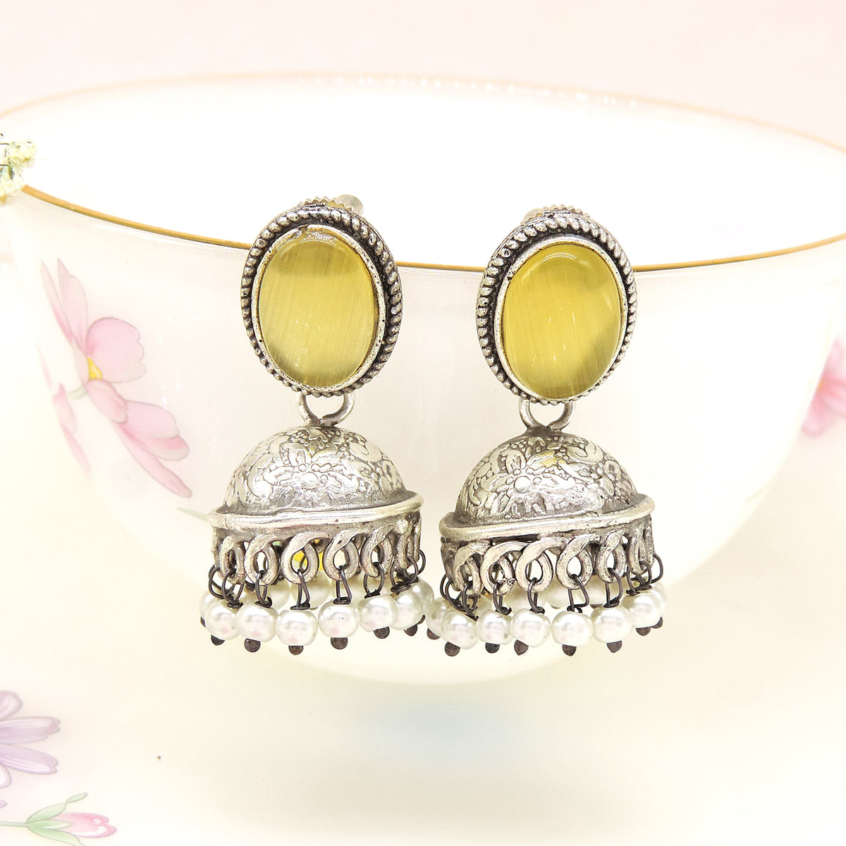 Green Stone Pearl Jhumka Earrings – Oxidized Silver Ethnic Drop Earrings