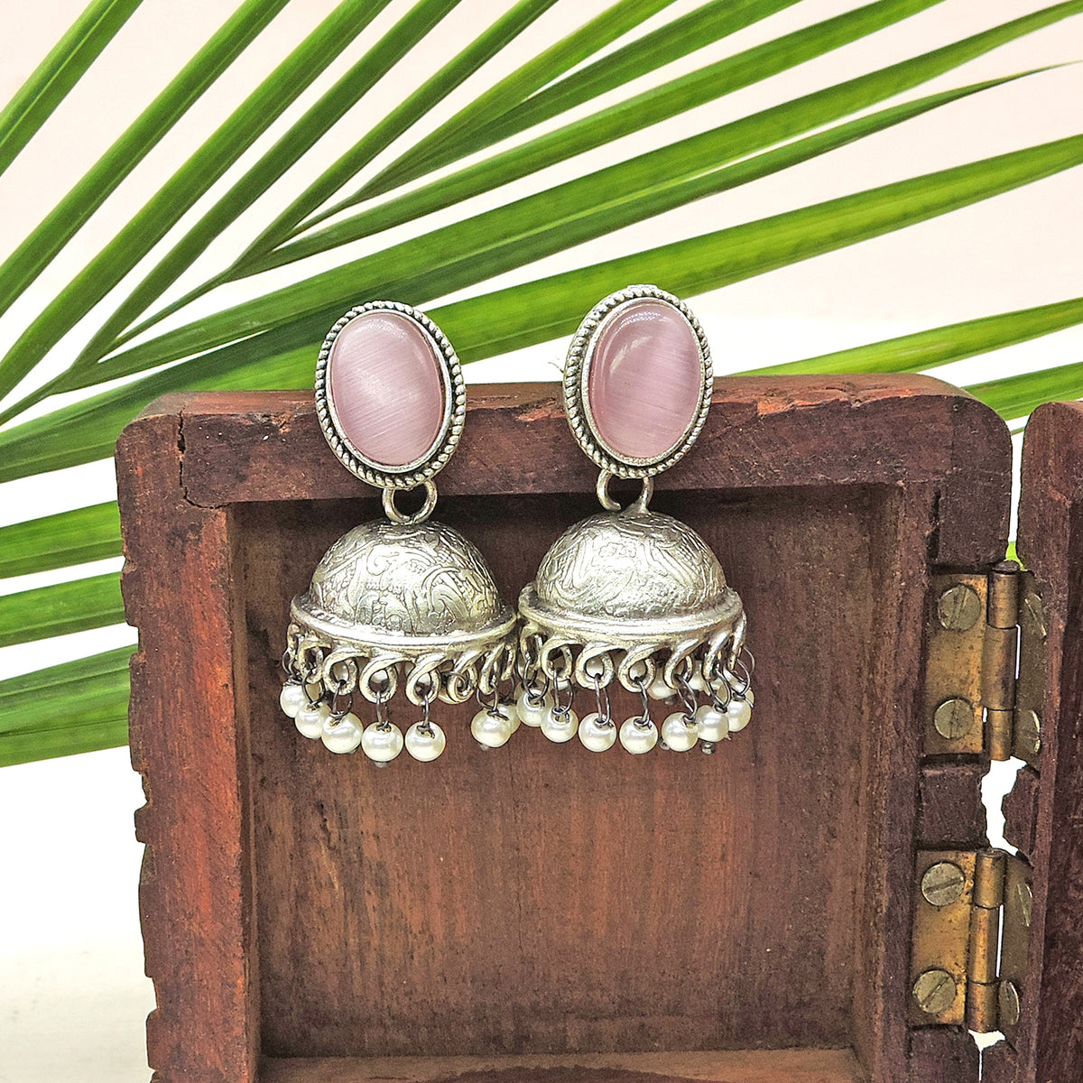 Green Stone Pearl Jhumka Earrings – Oxidized Silver Ethnic Drop Earrings