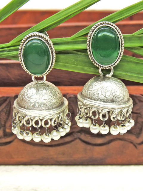 Green Stone Pearl Jhumka Earrings – Oxidized Silver Ethnic Drop Earrings