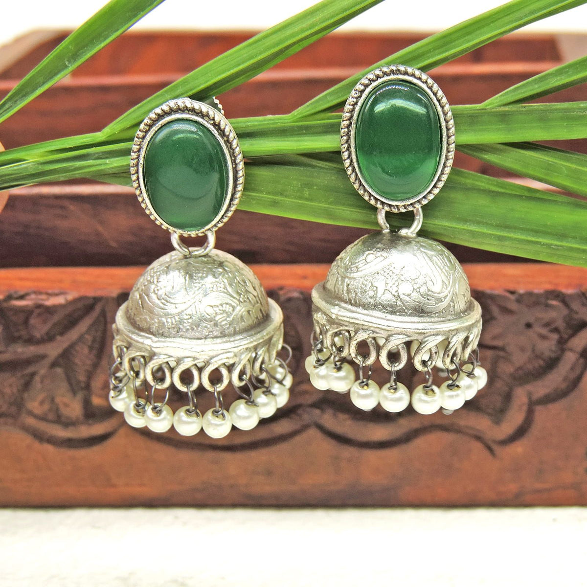 Green Stone Pearl Jhumka Earrings – Oxidized Silver Ethnic Drop Earrings