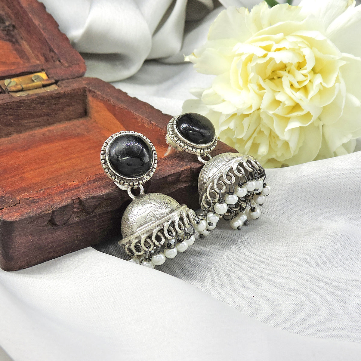 Red Stone Oxidised Jhumka Earrings with Pearl Drops