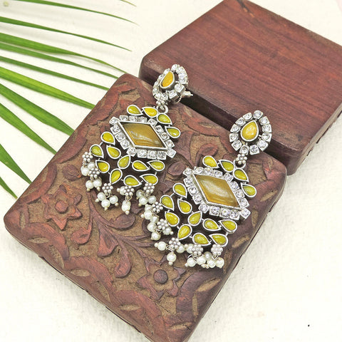 Pink Stone Oxidized AD Pearl Drop Earrings