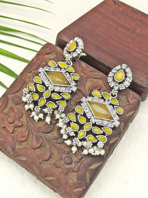 Pink Stone Oxidized AD Pearl Drop Earrings