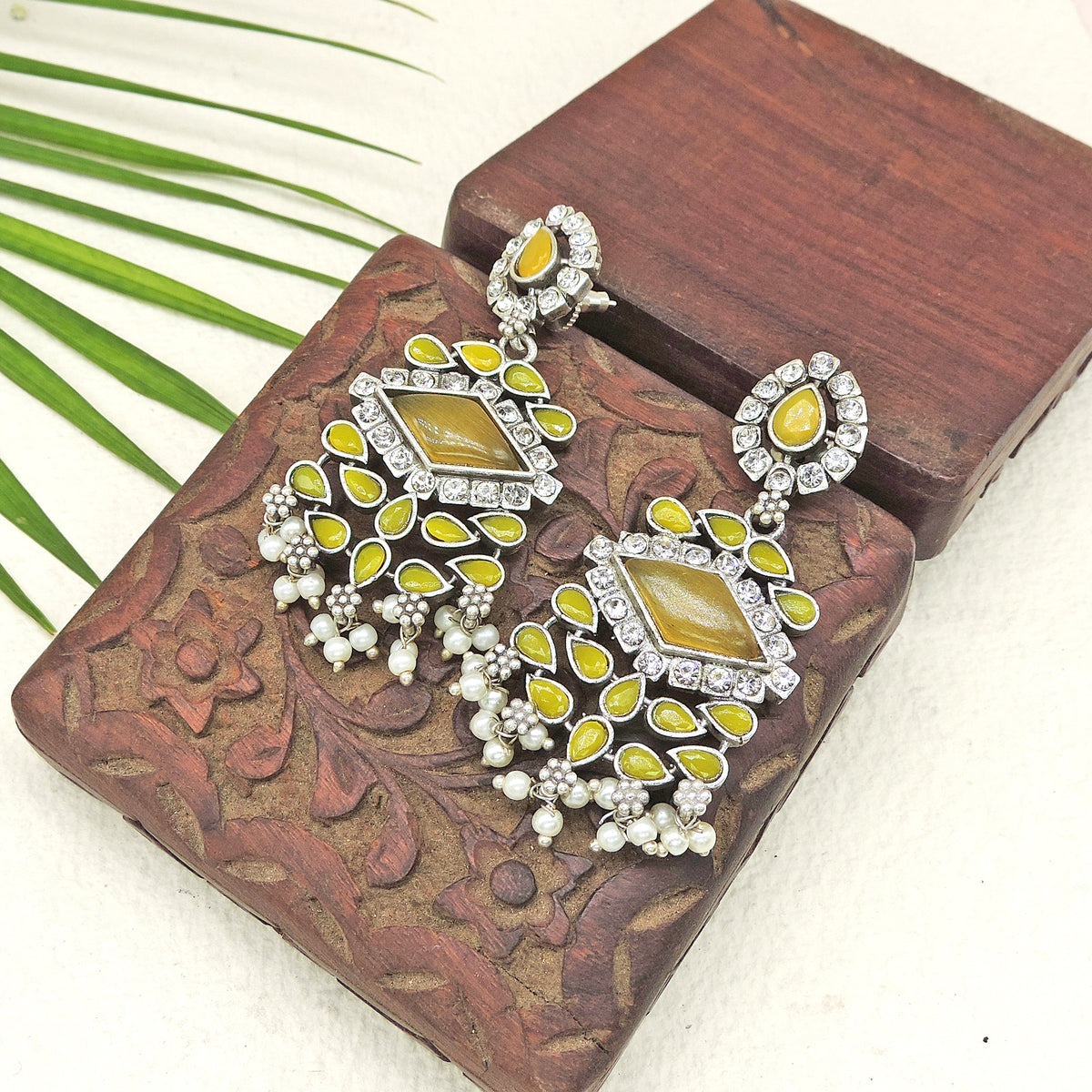 Pink Stone Oxidized AD Pearl Drop Earrings
