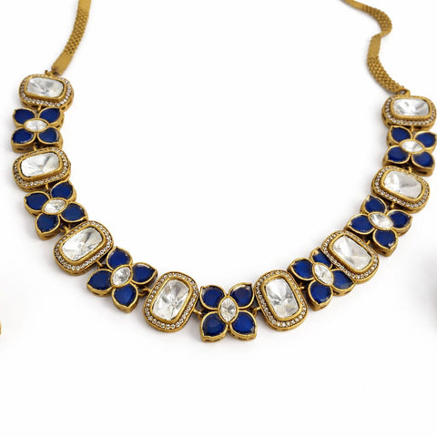 Blue Kundan Moissanite Floral Necklace Set – Elegant Indian Jewelry