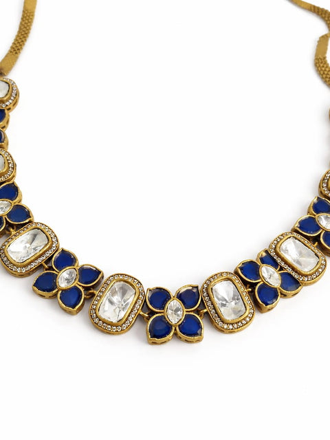 Blue Kundan Moissanite Floral Necklace Set – Elegant Indian Jewelry