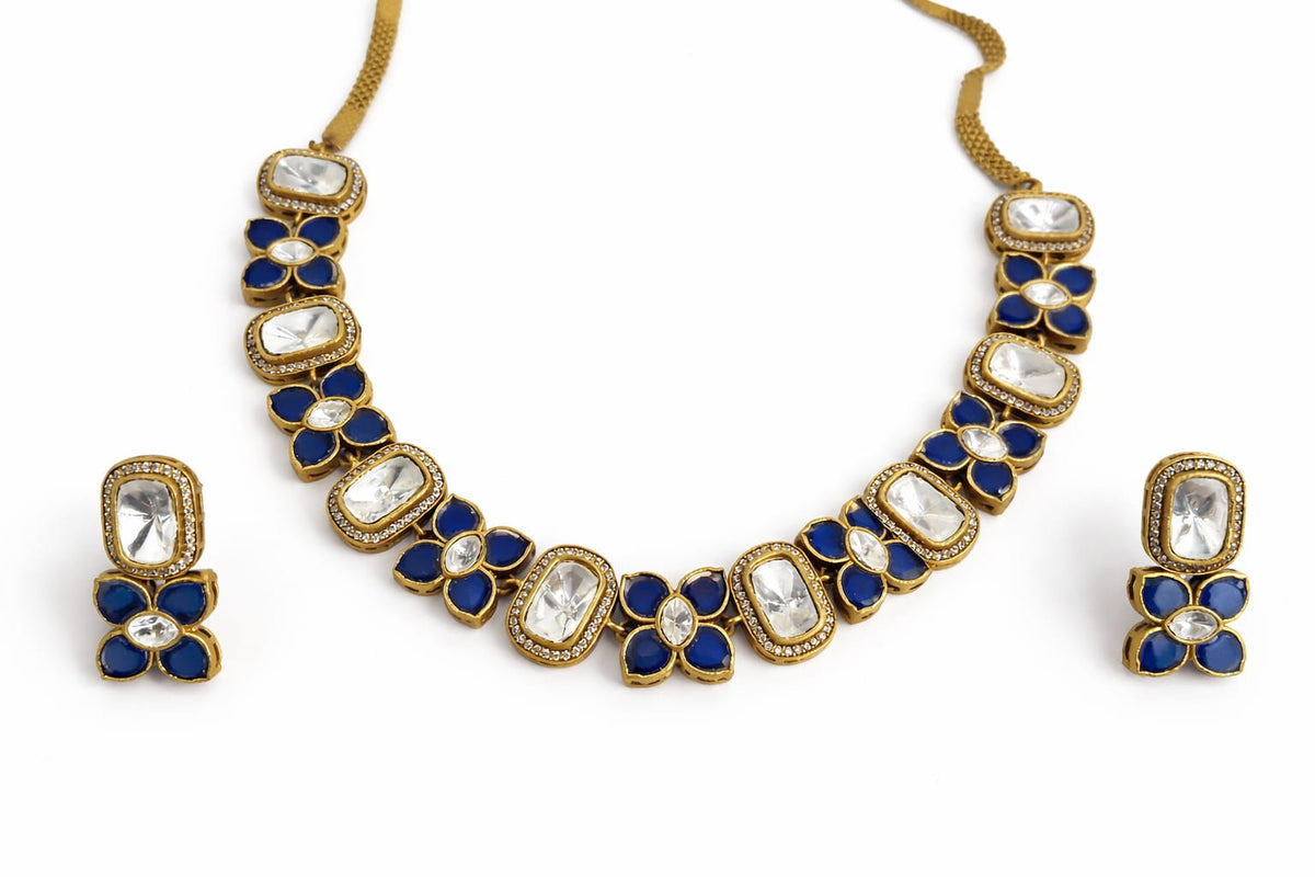 Blue Kundan Moissanite Floral Necklace Set – Elegant Indian Jewelry