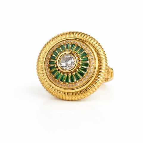 Emerald green statement cocktail ring with gold textured frame and ADl center