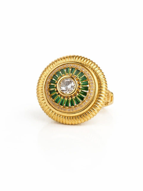 Emerald green statement cocktail ring with gold textured frame and ADl center