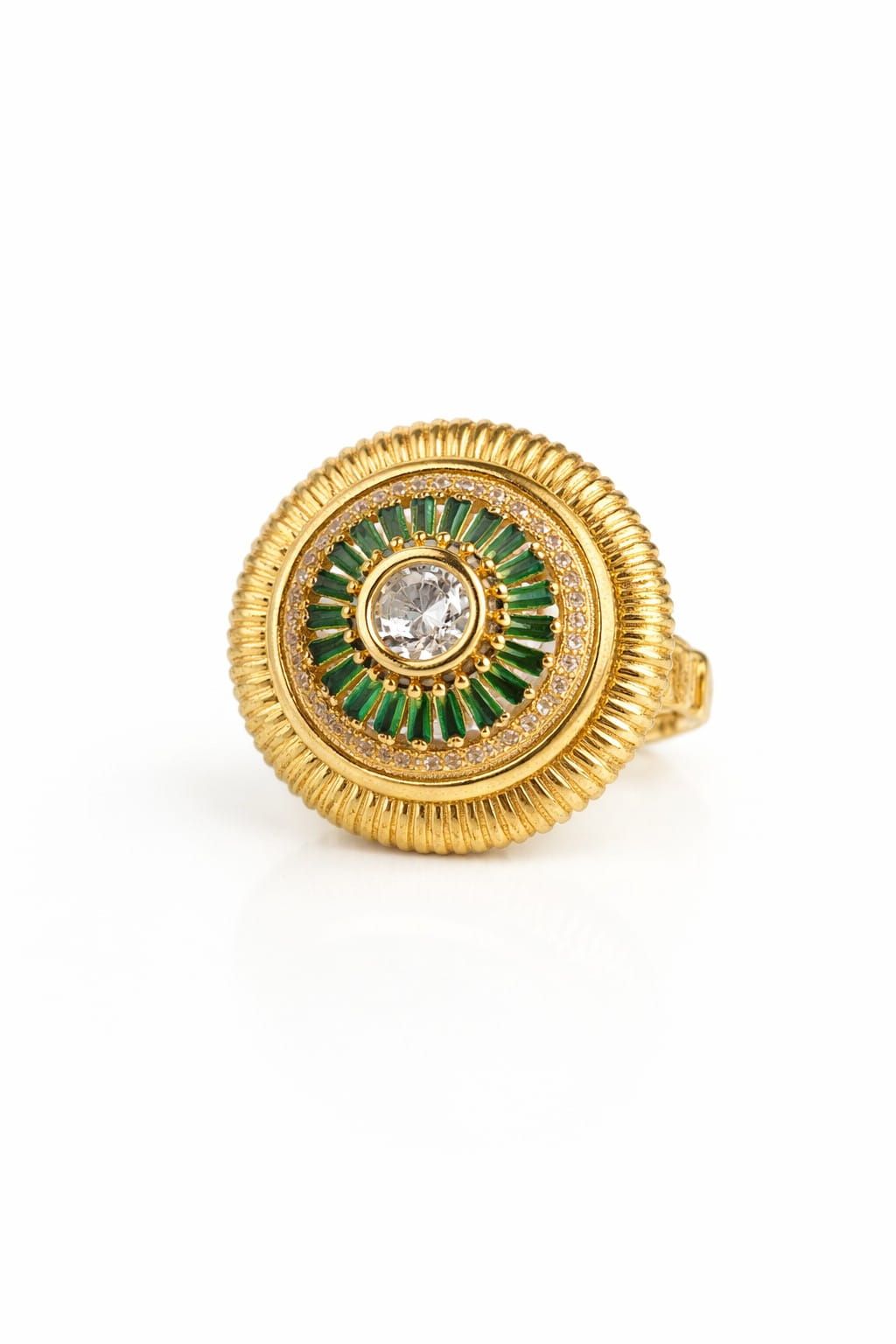 Emerald green statement cocktail ring with gold textured frame and ADl center