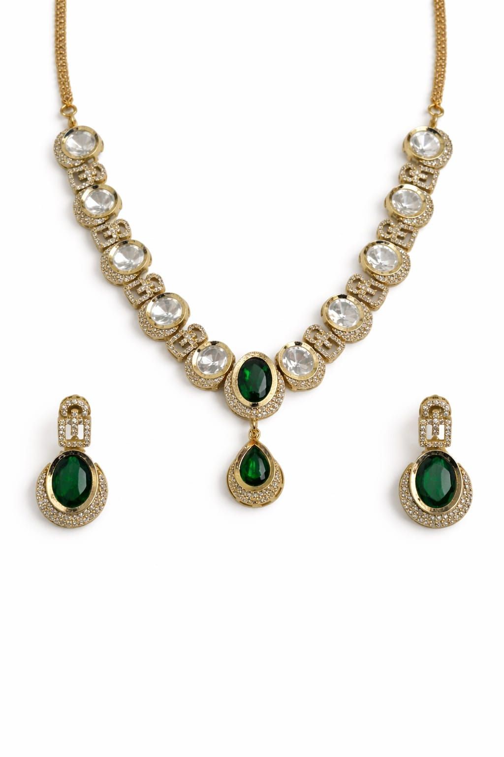 Emerald green drop necklace set with matching earrings