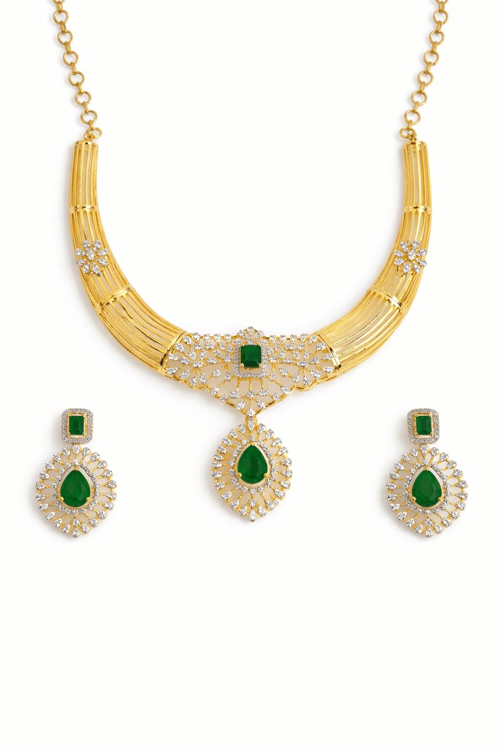 Emerald Green Statement Necklace Set with AD Detailing 
