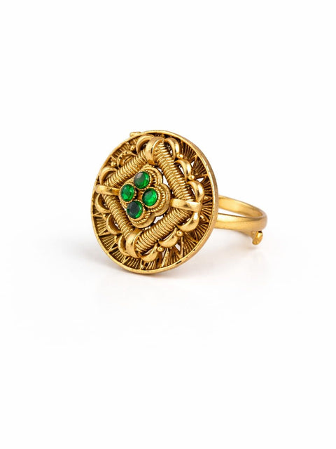 Vintage emerald green statement ring with intricate gold circular design