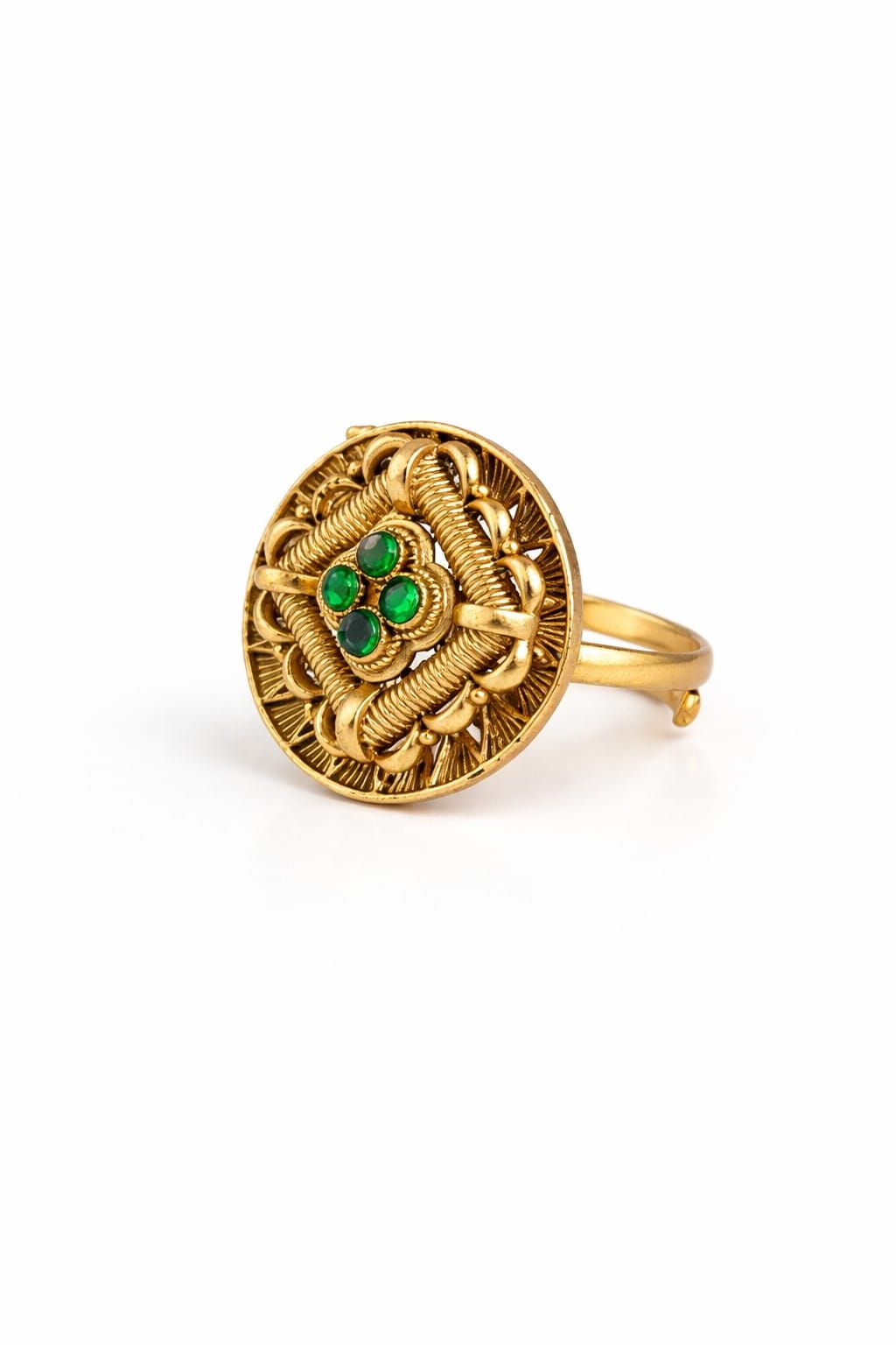 Vintage emerald green statement ring with intricate gold circular design