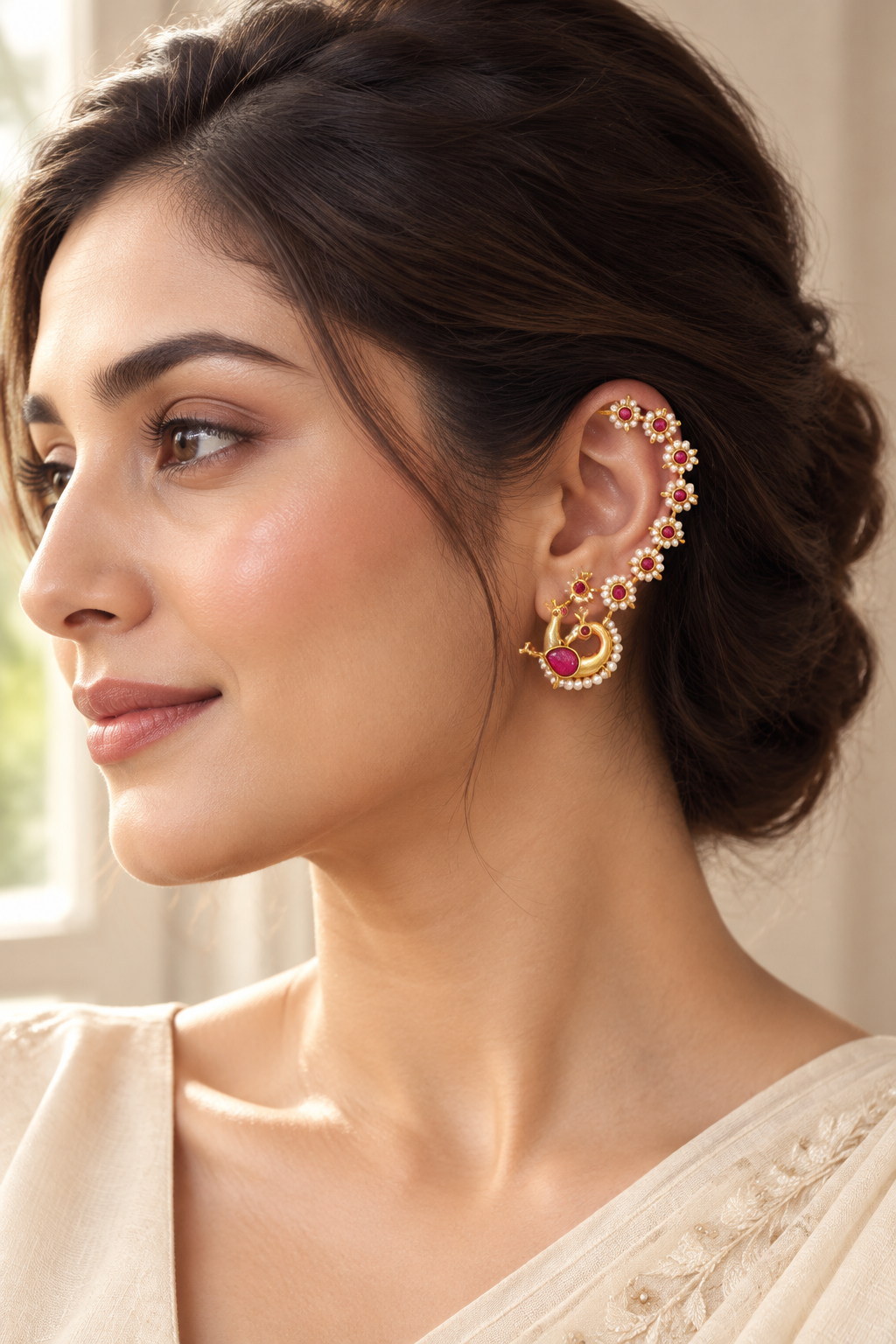 Ruby & Pearl Gold-Plated Ear Cuffs