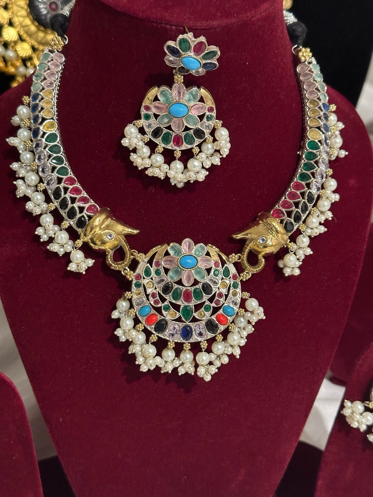 Multi stone silver and gold plated necklace blue variant – Indian festive necklace set – Joyrias