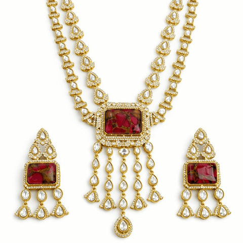 Royal Ruby Kundan Long Necklace Set with Crystal Drops and Earrings