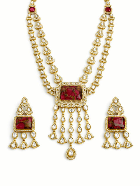 Royal Ruby Kundan Long Necklace Set with Crystal Drops and Earrings