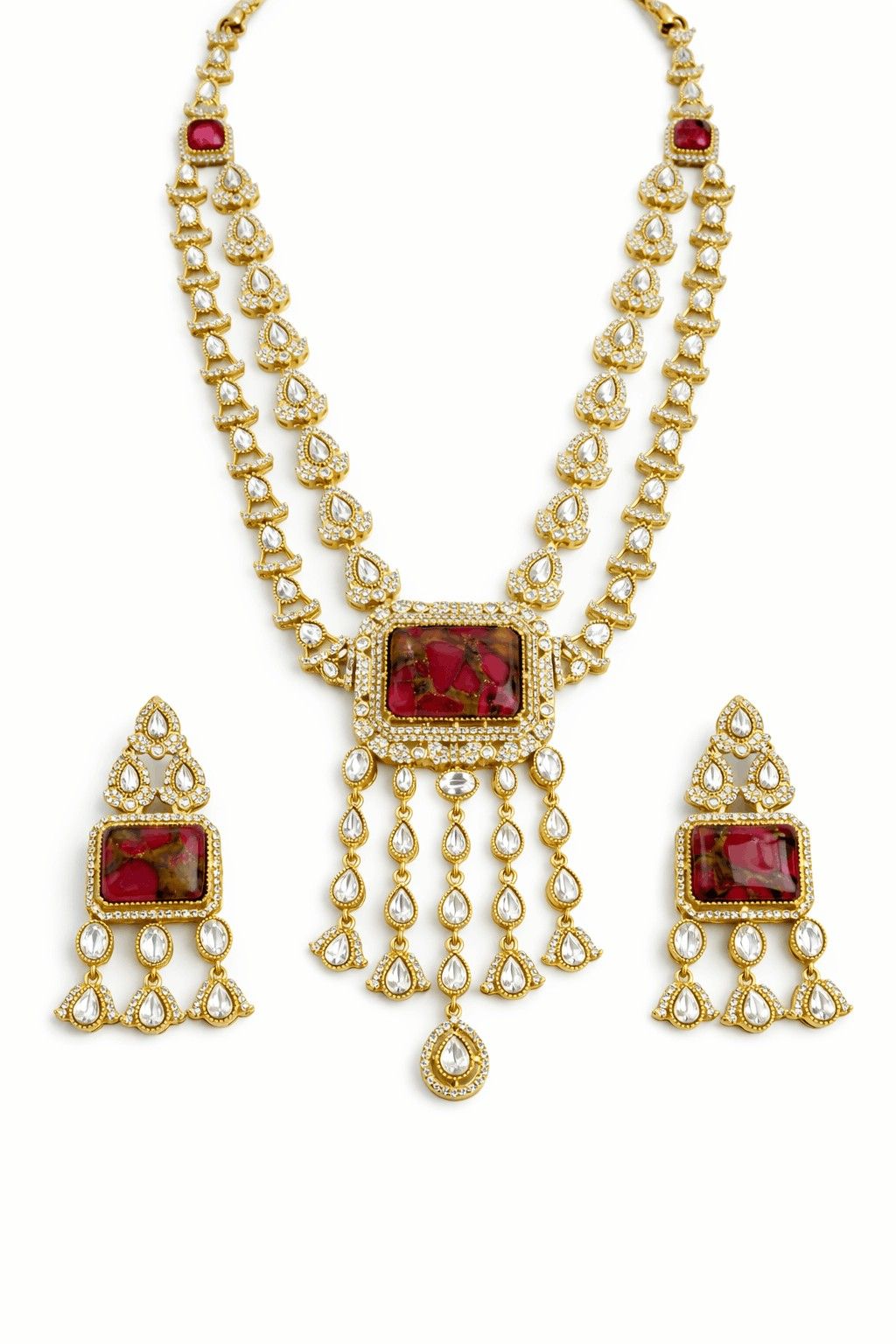 Royal Ruby Kundan Long Necklace Set with Crystal Drops and Earrings