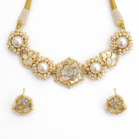 Mother of Pearl Polki Necklace Set with Pearls – Gold Plated Statement Jewelry