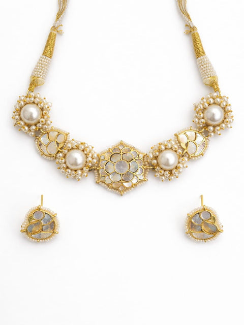 Mother of Pearl Polki Necklace Set with Pearls – Gold Plated Statement Jewelry