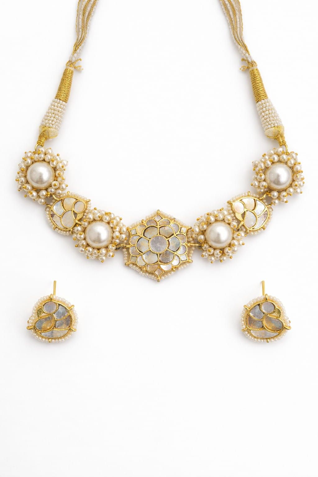 Mother of Pearl Polki Necklace Set with Pearls – Gold Plated Statement Jewelry
