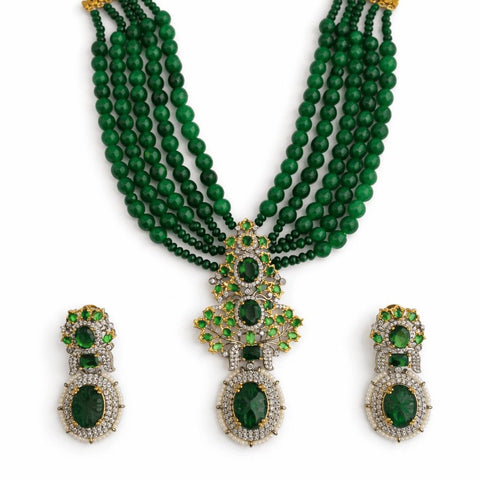 Emerald green layered bead necklace set with earrings