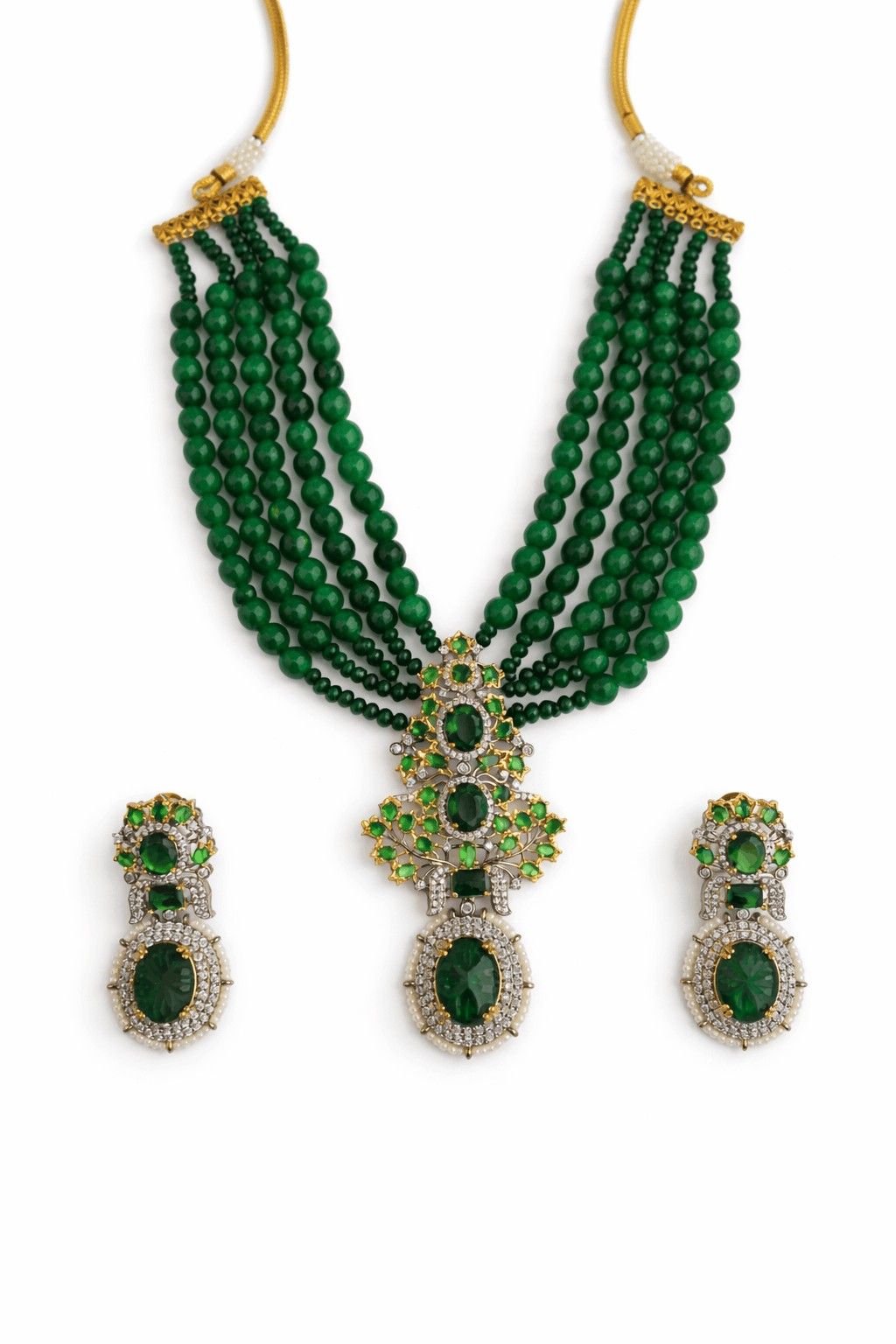 Emerald green layered bead necklace set with earrings
