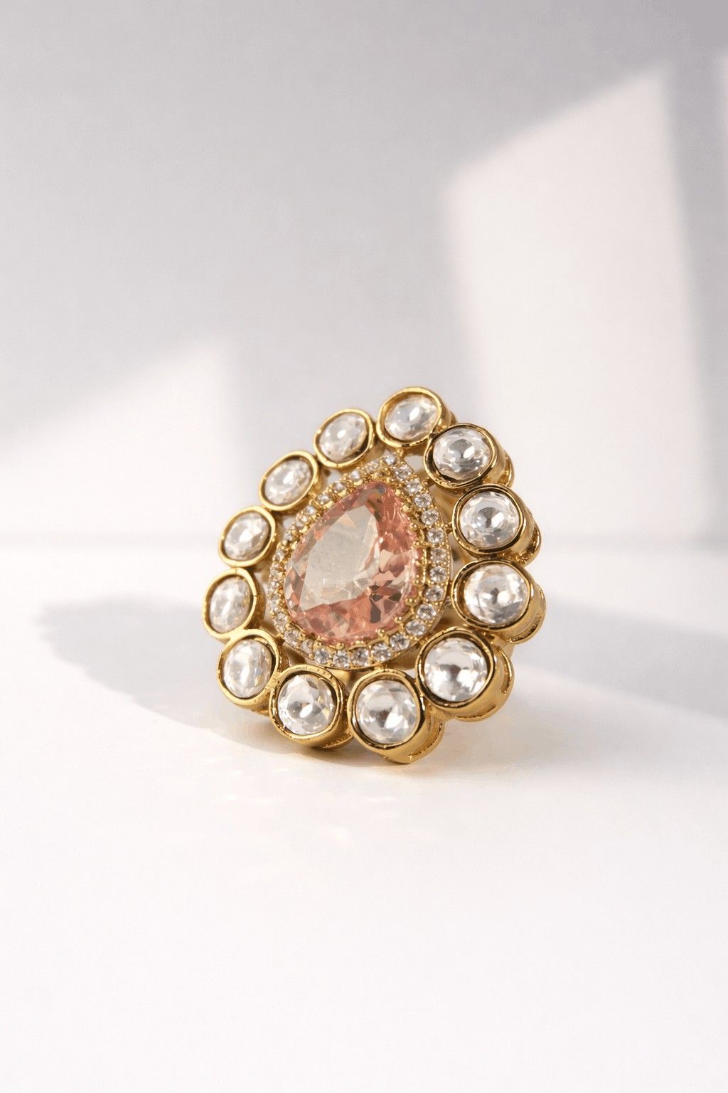 Peach Kundan Statement Ring 