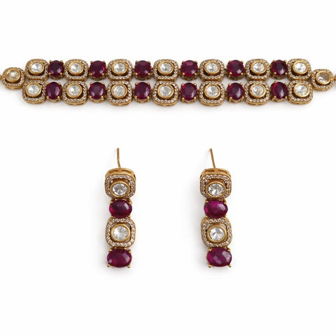 Ruby pink kundan choker necklace set with matching drop earrings