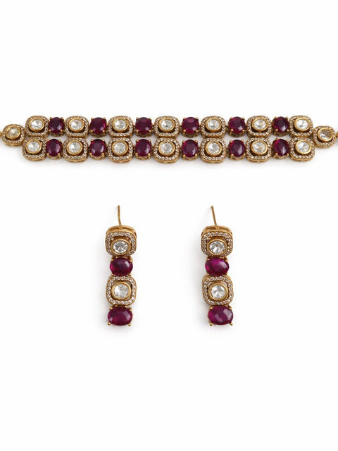 Ruby pink kundan choker necklace set with matching drop earrings