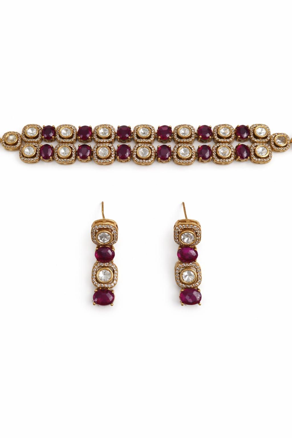 Ruby pink kundan choker necklace set with matching drop earrings