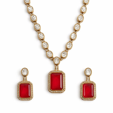 Ruby Red Statement Necklace Set with Crystal Chain 