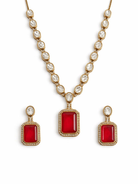 Ruby Red Statement Necklace Set with Crystal Chain 