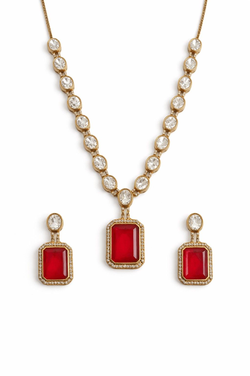 Ruby Red Statement Necklace Set with Crystal Chain 