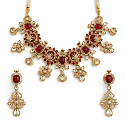 Ruby Red Moissanite Polki Necklace Set – Gold Plated Bridal Statement Jewelry