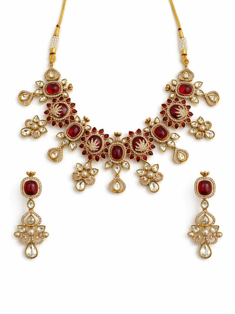 Ruby Red Moissanite Polki Necklace Set – Gold Plated Bridal Statement Jewelry