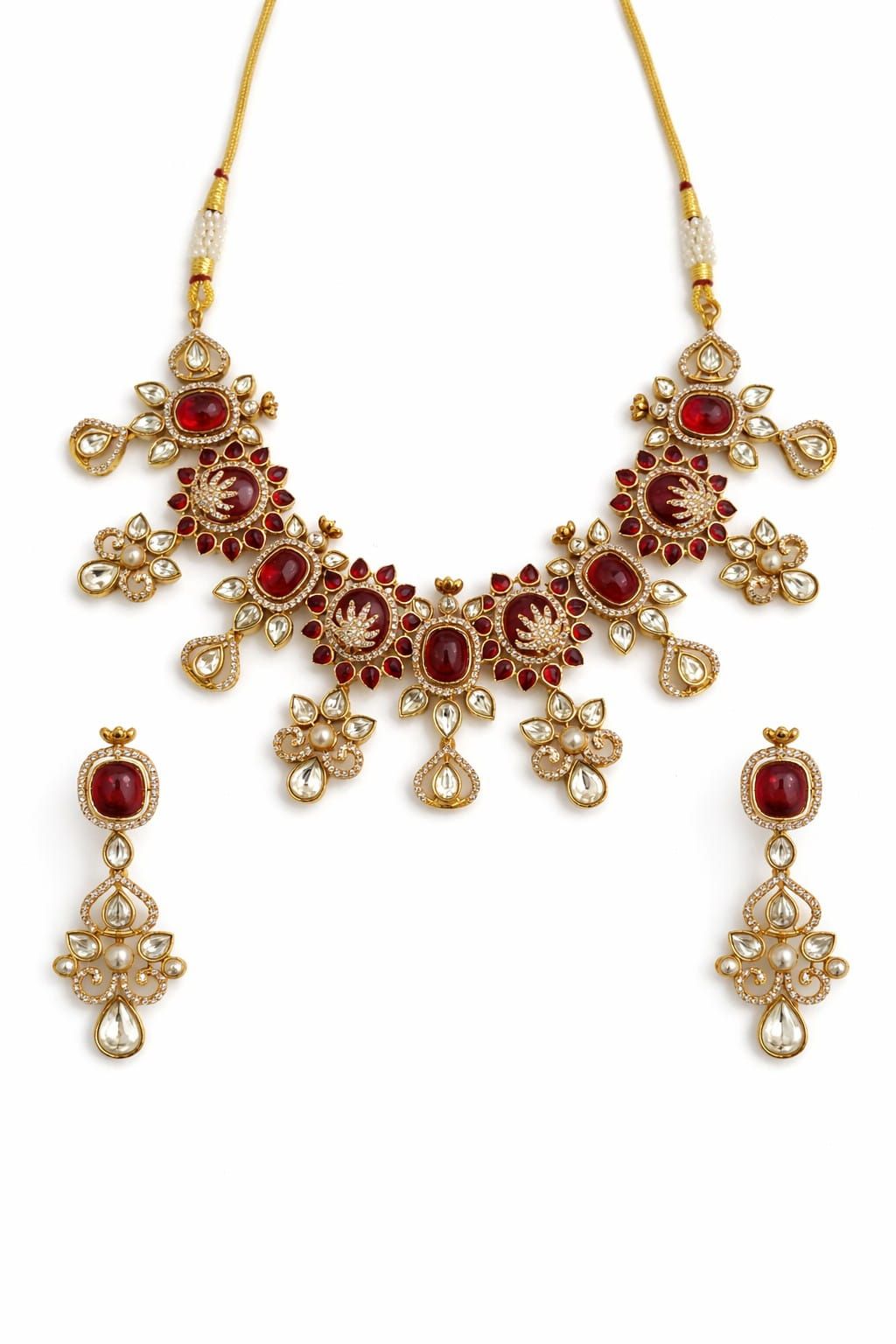 Ruby Red Moissanite Polki Necklace Set – Gold Plated Bridal Statement Jewelry