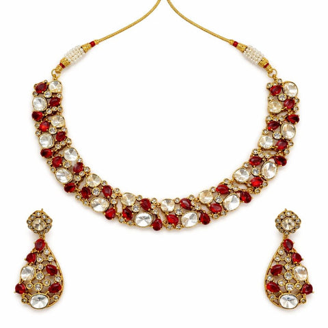 Red kundan statement necklace set with matching drop earrings