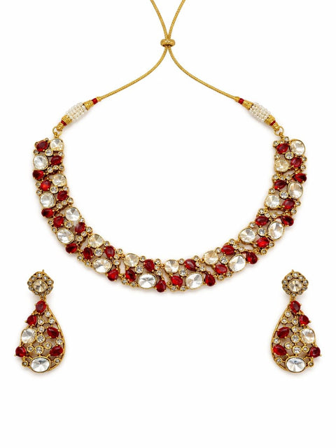 Red kundan statement necklace set with matching drop earrings
