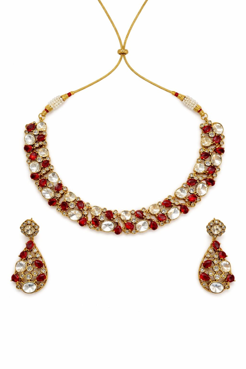 Red kundan statement necklace set with matching drop earrings