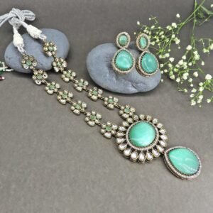 Long Necklace with Sea Green stone and Kundan