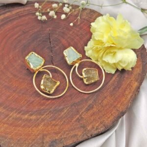 Gold Plated Raw Amazonite and Quartz Earrings
