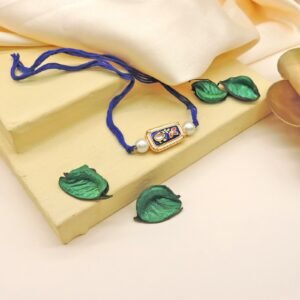 Hand-Painted Meenakari Rakhi with Blue Thread and Pearl Beads